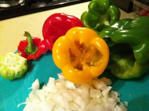 Cut the tops of the bell peppers